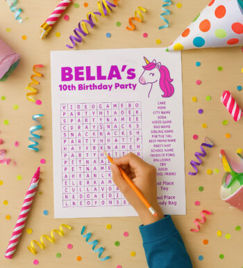 A child playing a word search for a kids birthday party.