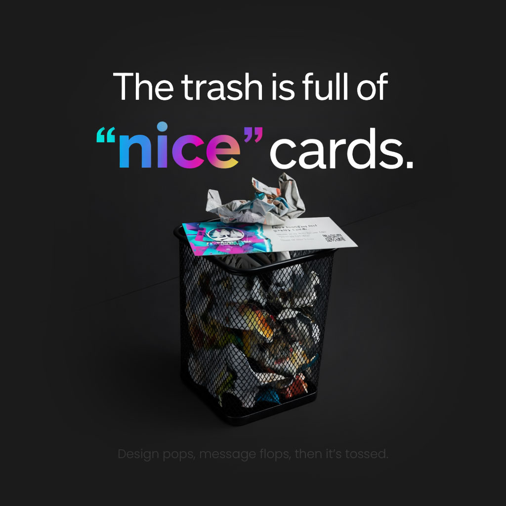 Business card in trash bin.