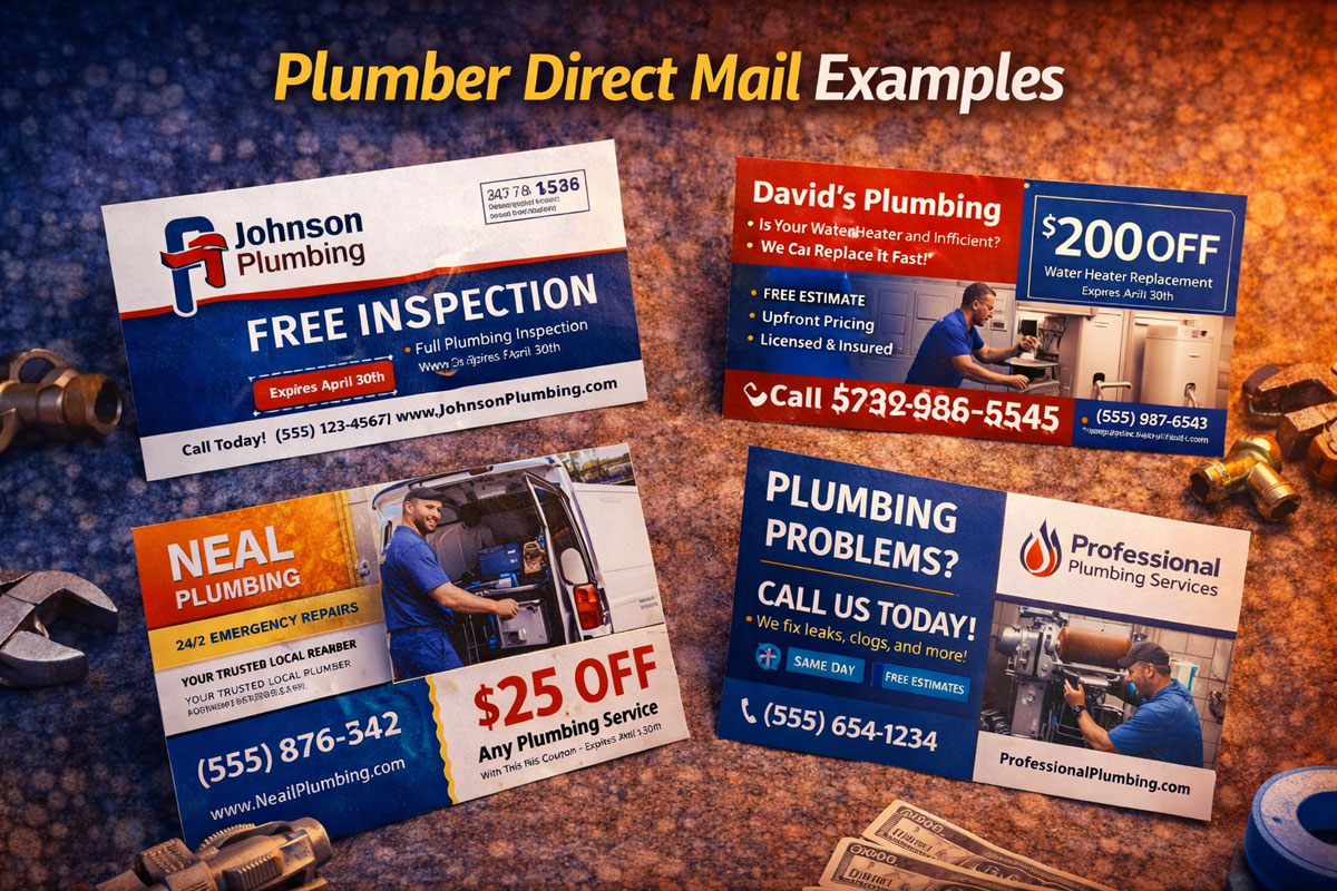 Plumber direct mail examples image showing four sample plumbing mail pieces with promotional offers, service messaging, and contact information, arranged on a textured surface with plumbing tools.