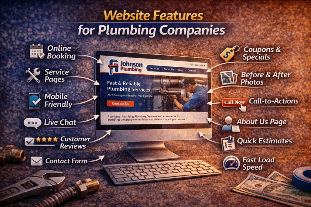 Website features for plumbing companies image showing a plumbing company website on a desktop monitor with feature panels on both sides representing common sections and functionality for a plumber website.