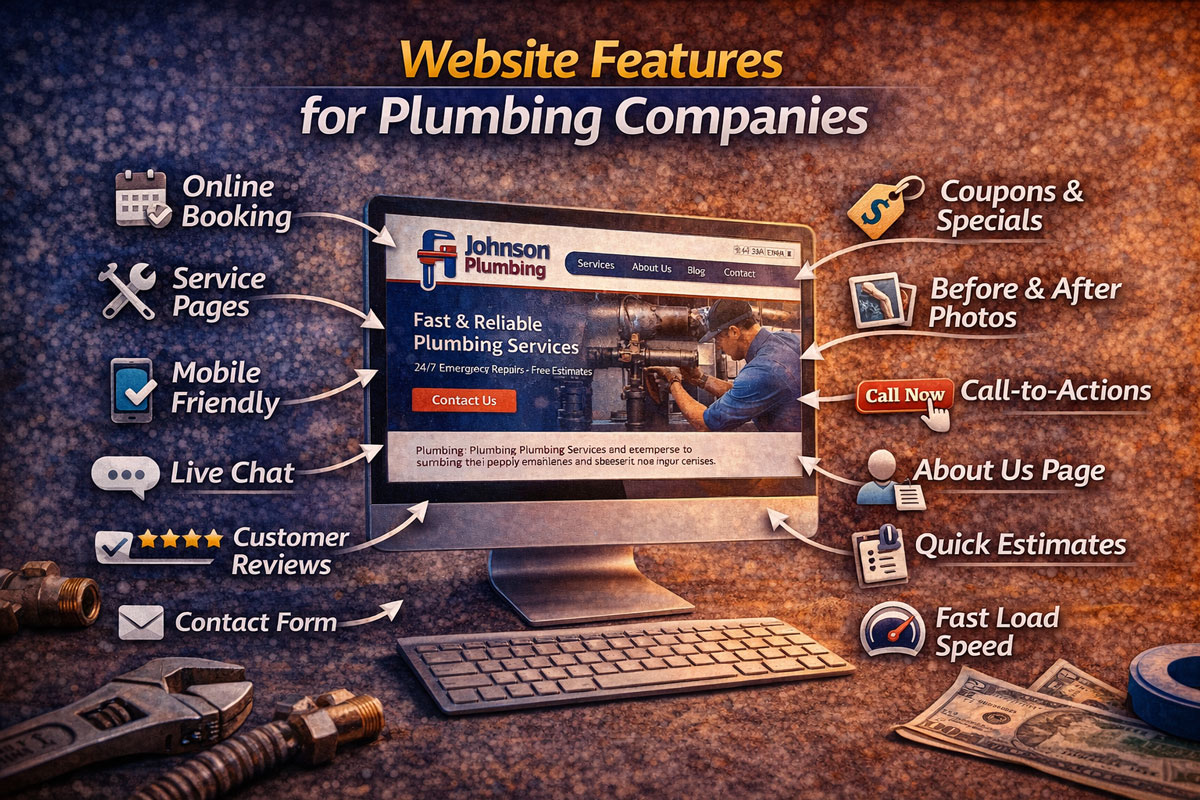 Website features for plumbing companies image showing a plumbing company website on a desktop monitor with feature panels on both sides representing common sections and functionality for a plumber website.