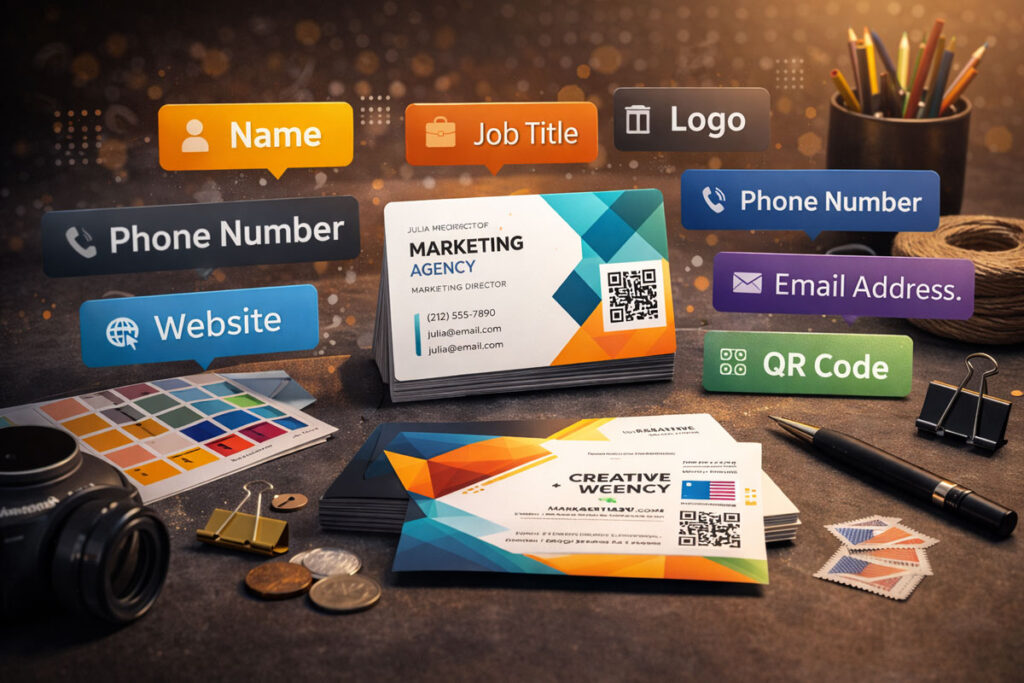 A business card with different informational elements floating around it.