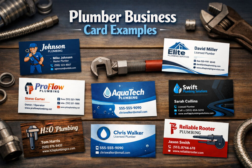 Plumber business card examples image showing a variety of sample plumbing business card designs with different layouts, colors, logos, and branding styles arranged on a work surface with plumbing tools.