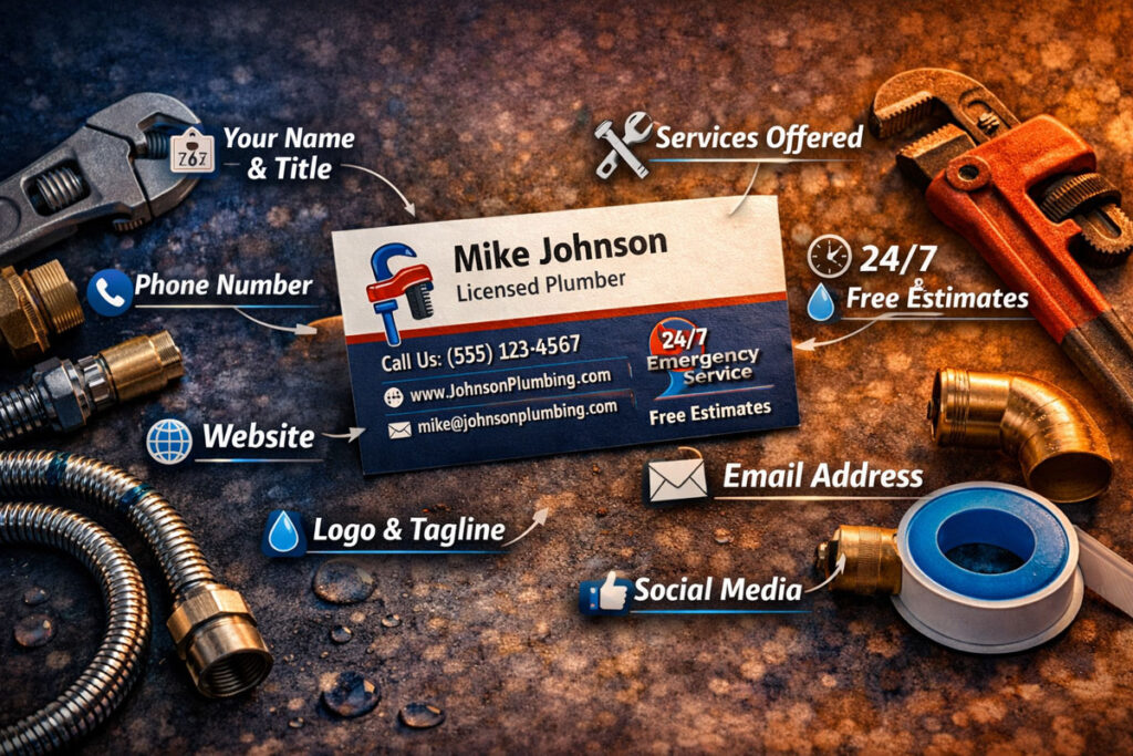 Plumber business card illustration showing key details to include such as name, title, phone number, website, email, services offered, and emergency service messaging, surrounded by plumbing tools.