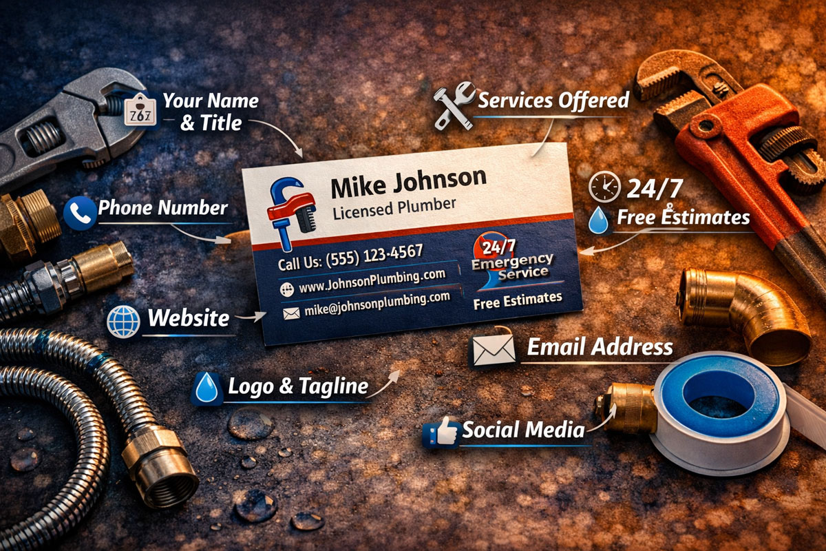Plumber business card illustration showing key details to include such as name, title, phone number, website, email, services offered, and emergency service messaging, surrounded by plumbing tools.