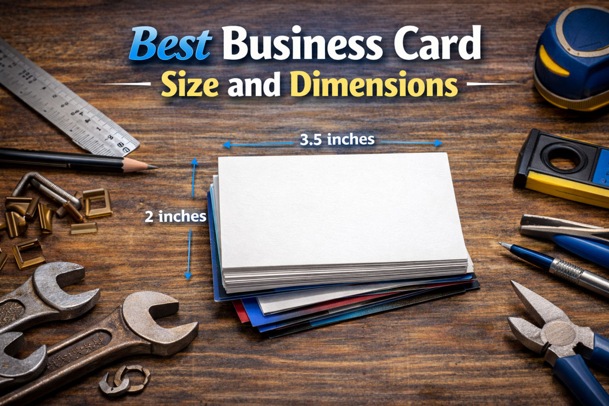 Best business card size and dimensions featured image showing standard business card measurements, width and height guides, and print layout details on a desktop workspace.