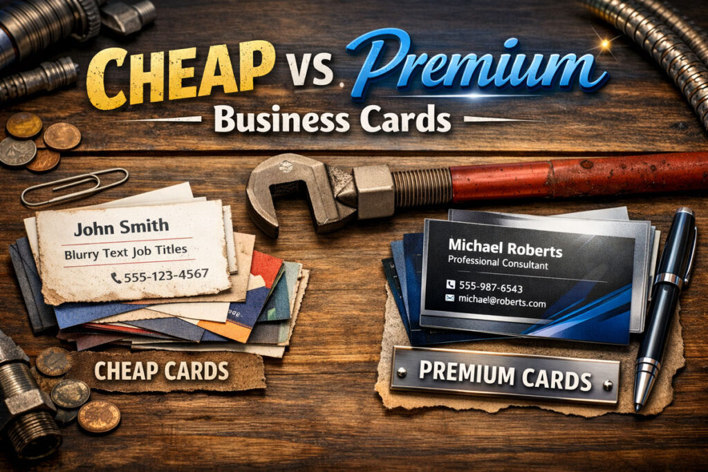 Cheap vs premium business cards featured image showing worn low-quality cards on one side and sleek high-end cards on the other over a wood tabletop with plumbing tools.