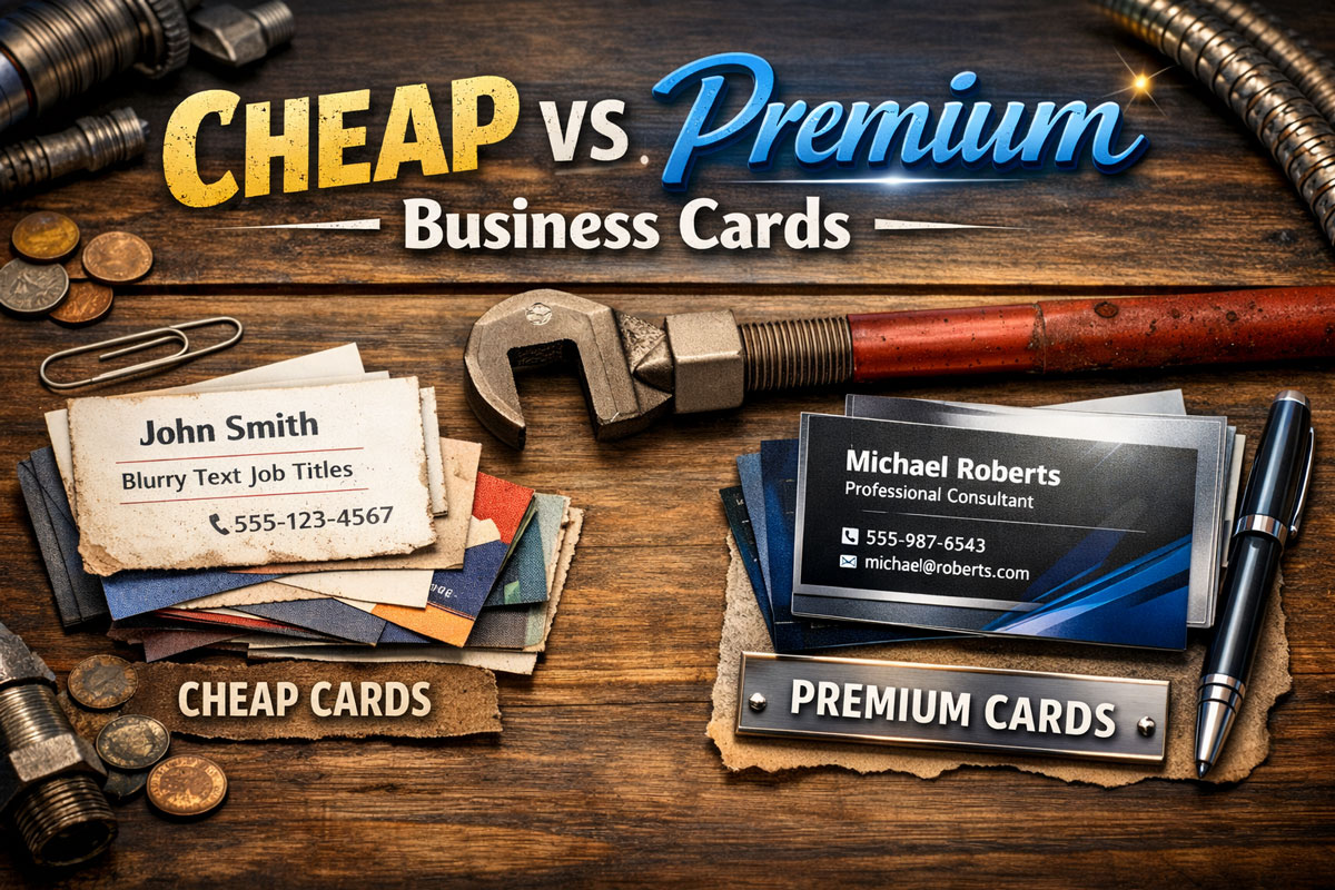 Cheap vs premium business cards featured image showing worn low-quality cards on one side and sleek high-end cards on the other over a wood tabletop with plumbing tools.