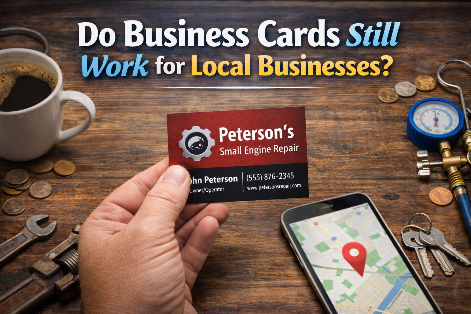 Do business cards still work for local businesses featured image showing a hand holding a business card over a wood tabletop with tools, coffee, keys, and a smartphone map.