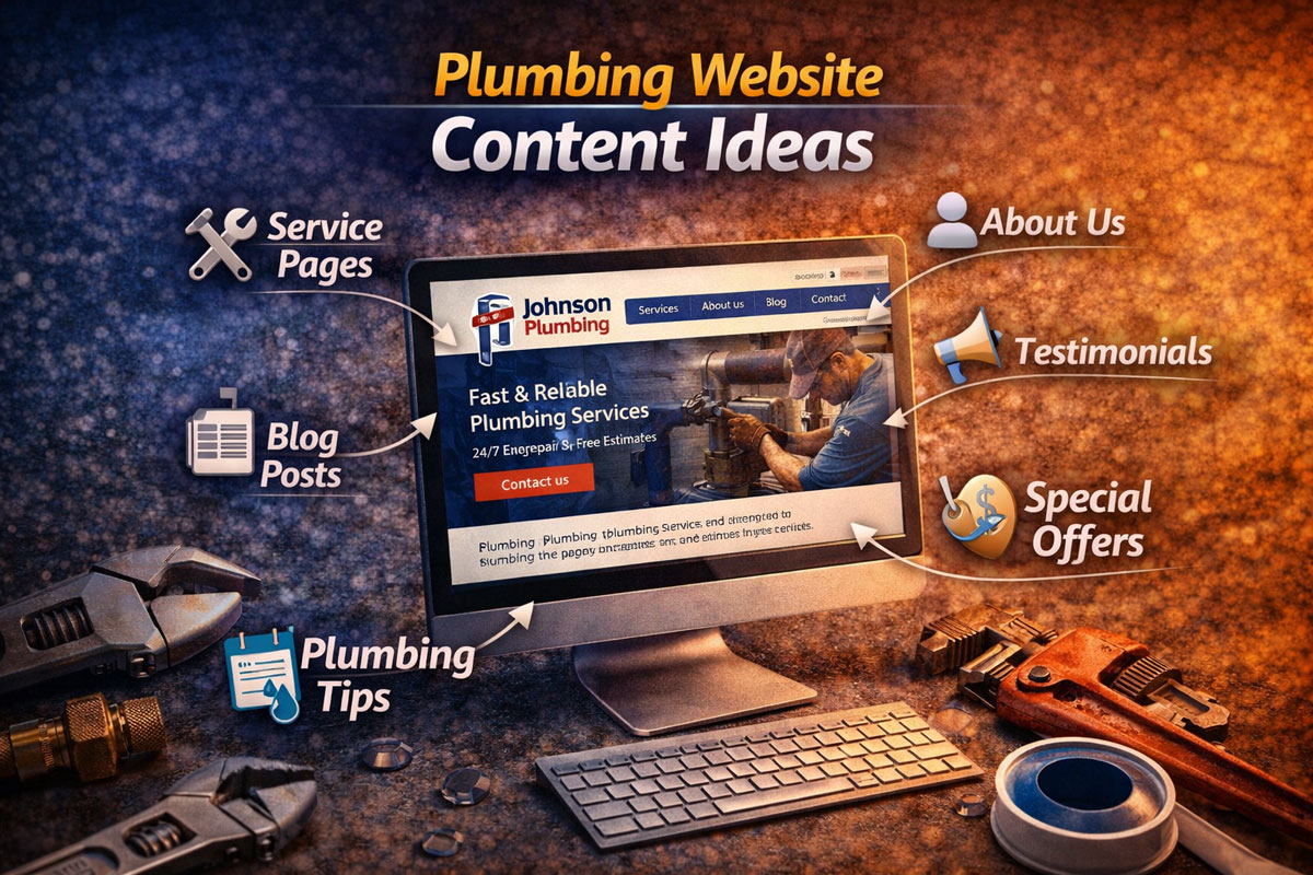 Plumbing website content ideas image showing a desktop monitor with a plumber website and labeled content sections such as service pages, blog posts, plumbing tips, about us, testimonials, and special offers, surrounded by plumbing tools.