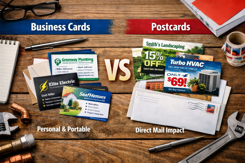 Comparison image showing business cards and postcards for local marketing, with sample printed pieces displayed on a wood surface alongside mailing envelopes, stationery, and trade tools.