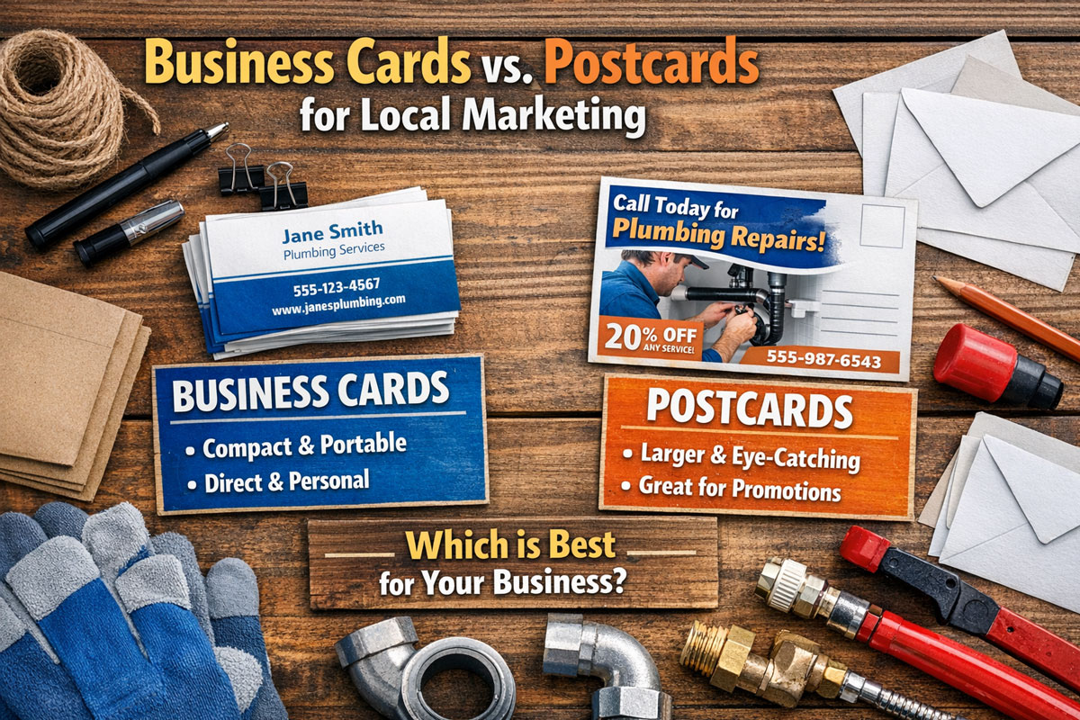 Comparison image showing business cards and postcards for local marketing, with sample printed pieces displayed on a wood surface alongside mailing envelopes, stationery, and trade tools.