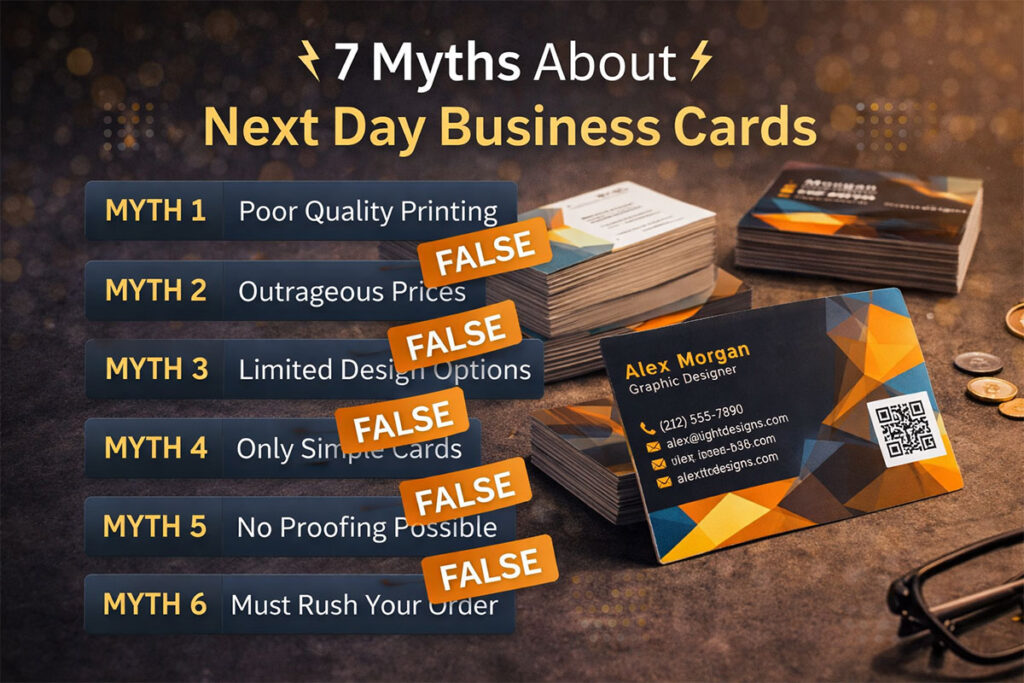 A list of 7 mths marked by False labels with a stack of business cards in the back.