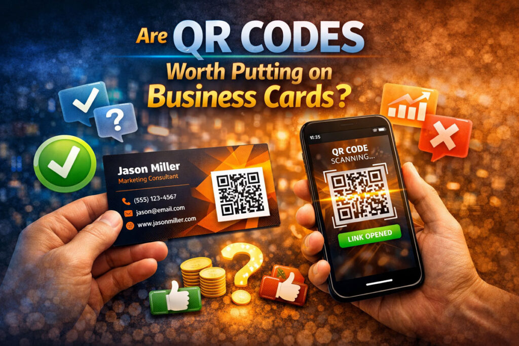 Business card image featuring a prominent QR code alongside printed contact details, representing the question of whether QR codes are worth adding to business cards.