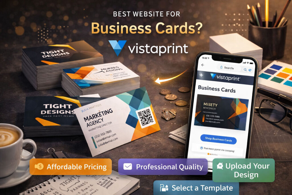 Stacks of business cards with a smart phone with pennies in the background representing budgeting.