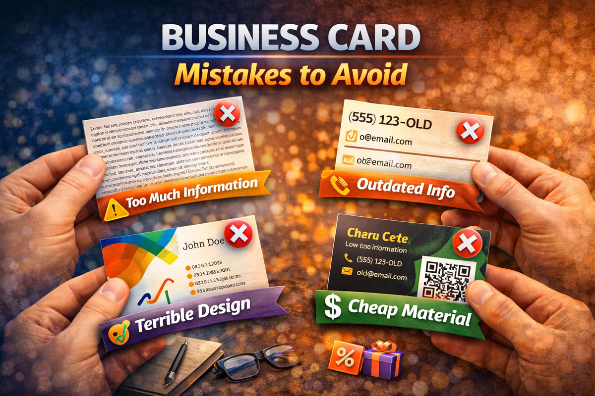 Business card education image showing a professionally designed card alongside visual warning elements that represent common business card mistakes to avoid.