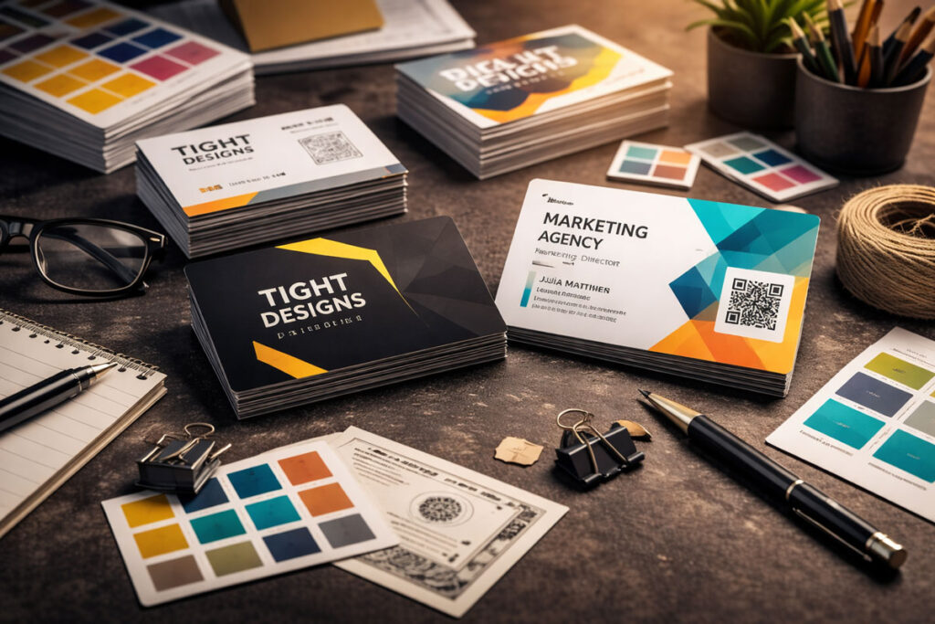 Various business card stacks displayed on a designer's desk with a color swatch card and a cup full of colored pencils.