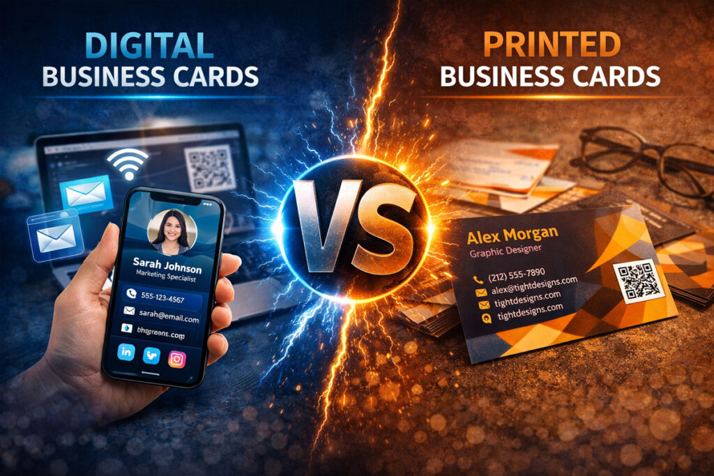 Split comparison image showing a smartphone with a digital business card on one side and printed business cards on the other, separated by a dramatic glowing divide on a dark textured background.