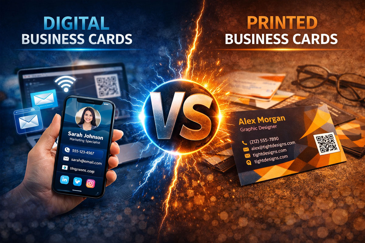 Split comparison image showing a smartphone with a digital business card on one side and printed business cards on the other, separated by a dramatic glowing divide on a dark textured background.