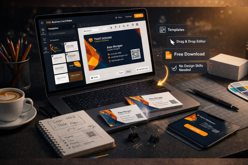 An open laptop with a graphic design software creating business cards.