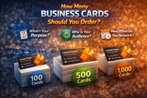 Illustration representing the question of how many business cards to order, with multiple stacks of business cards shown in different quantities for comparison.