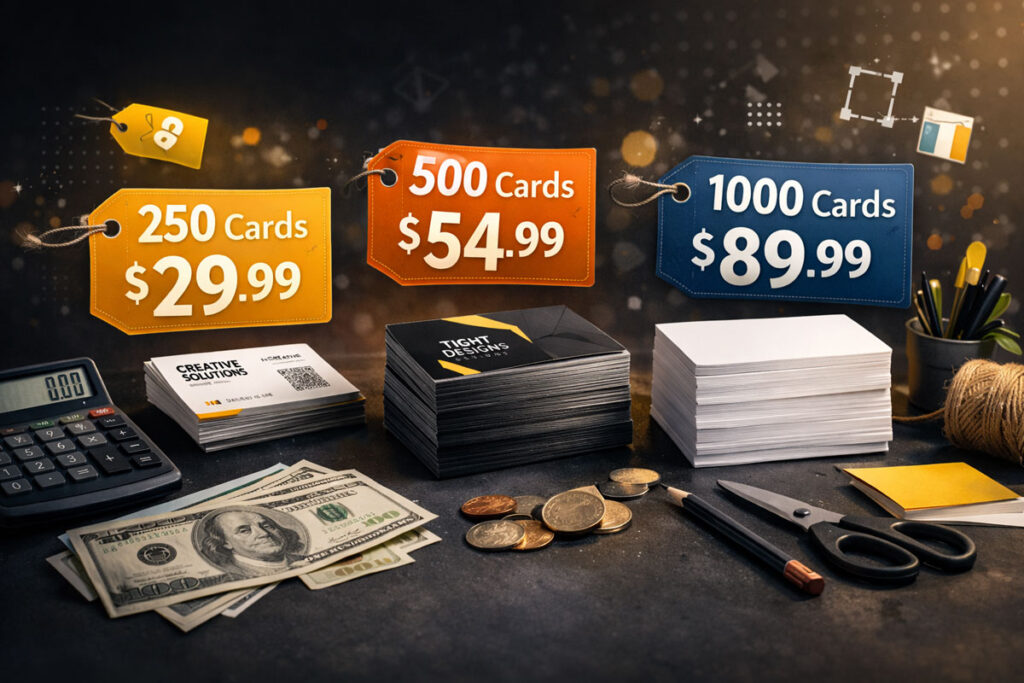 Featured image showing stacks of business cards with visible pricing for 250, 500, and 1000 cards on a dark desktop surrounded by design tools, cash, and office supplies.
