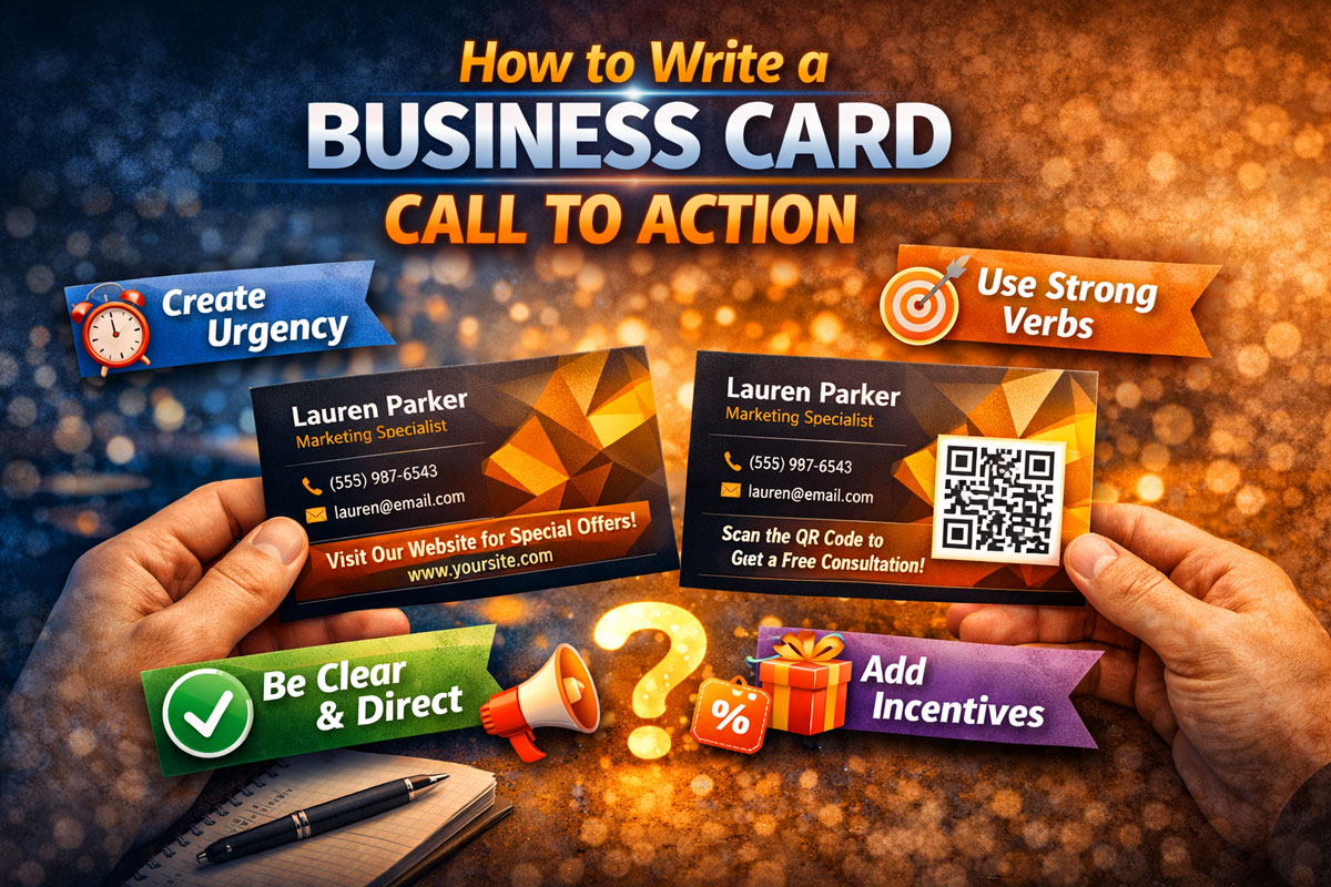 Illustration of two business cards held in hands with sample call to action messaging, representing how to write a clear and effective business card call to action.