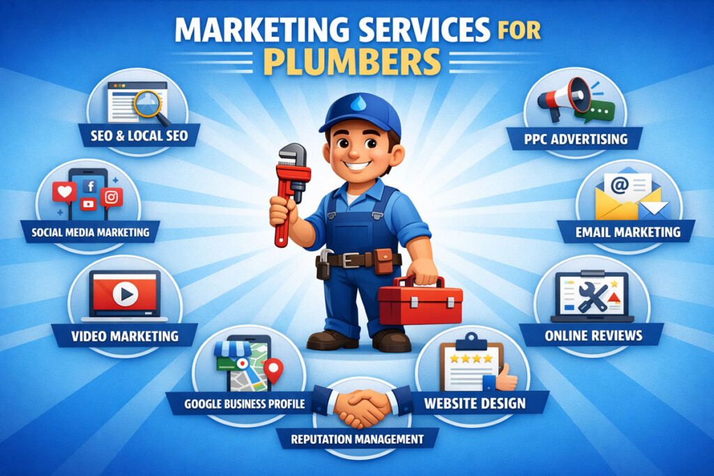 Marketing services for plumbers infographic featuring a cartoon plumber in the center with surrounding icons for SEO, social media marketing, video marketing, Google Business Profile, reputation management, website design, online reviews, email marketing, and PPC advertising.