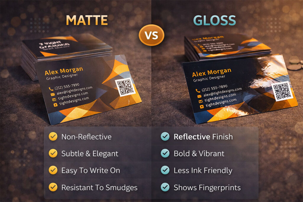 A side by side comparison of matte and gloss business cards. Two stacks next to each other.