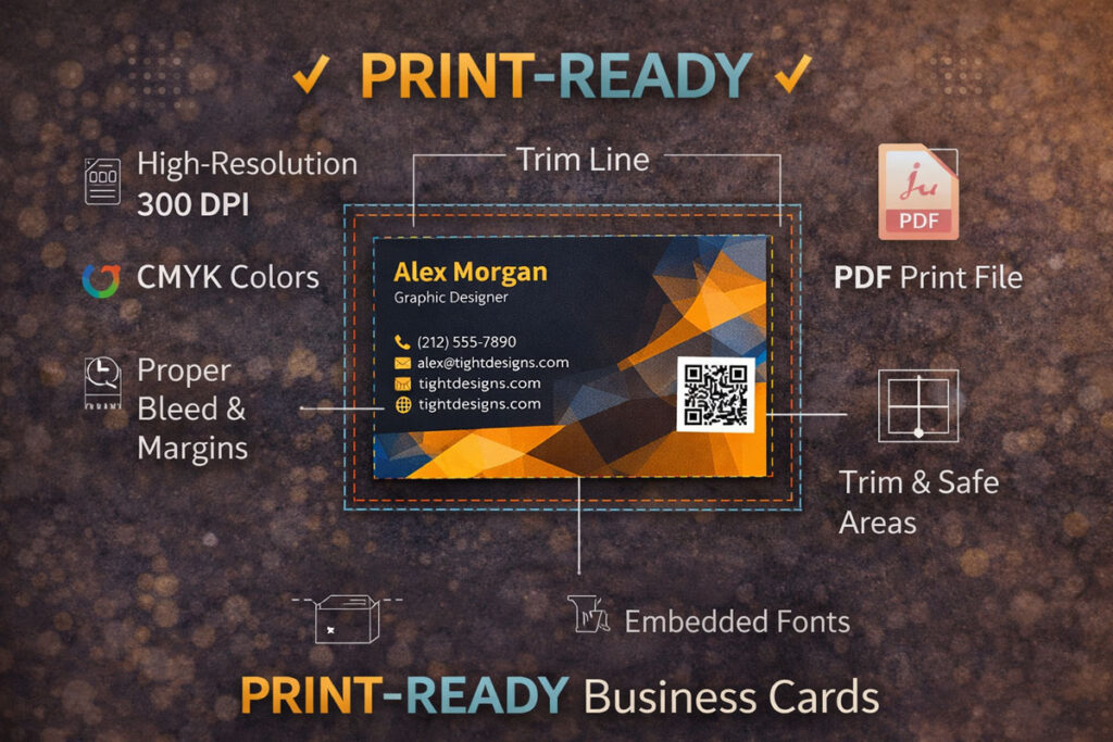 A business card with trim line bleed and safety margin displaying all the requirements for print-ready artwork.
