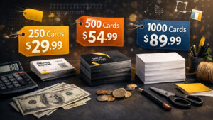 Featured image showing stacks of business cards with visible pricing for 250, 500, and 1000 cards on a dark desktop surrounded by design tools, cash, and office supplies.