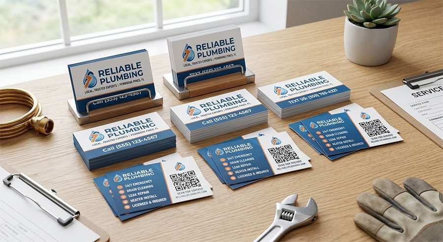 Three sets of business cards made for the plumbing company Reliable Plumber.