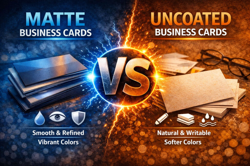 A side by side comparison showing matte business cards on the left in blue and uncoated business cards in orange on the right.