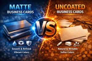 A side by side comparison showing matte business cards on the left in blue and uncoated business cards in orange on the right.