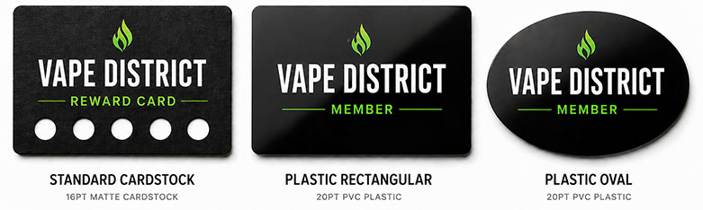 Comparison of vape shop loyalty card options including 16pt cardstock reward punch card and 20pt plastic member cards in rectangular and oval formats