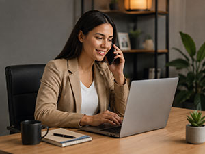 Female entrepreneur contacting a marketing agency by telephone.