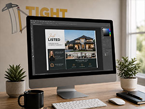 A pc monitor displaying Adobe Photoshop with an open file for a real estate postcard being designed.