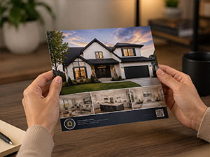 Woman's hands holding her beautiful real estate promotional flyers.