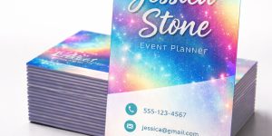 A rainbow colored metallic card that shines more than UV gloss.