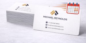 A stack of rounded corner business cards with a fast moving calendar symbolizing rush service for next day printing.