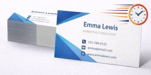 A stack of business cards with a speeding timer representing rush service for Same Day printing of business cards.
